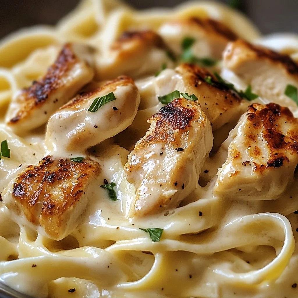 Creamy Chicken Alfredo Pasta topped with parsley on a white plate