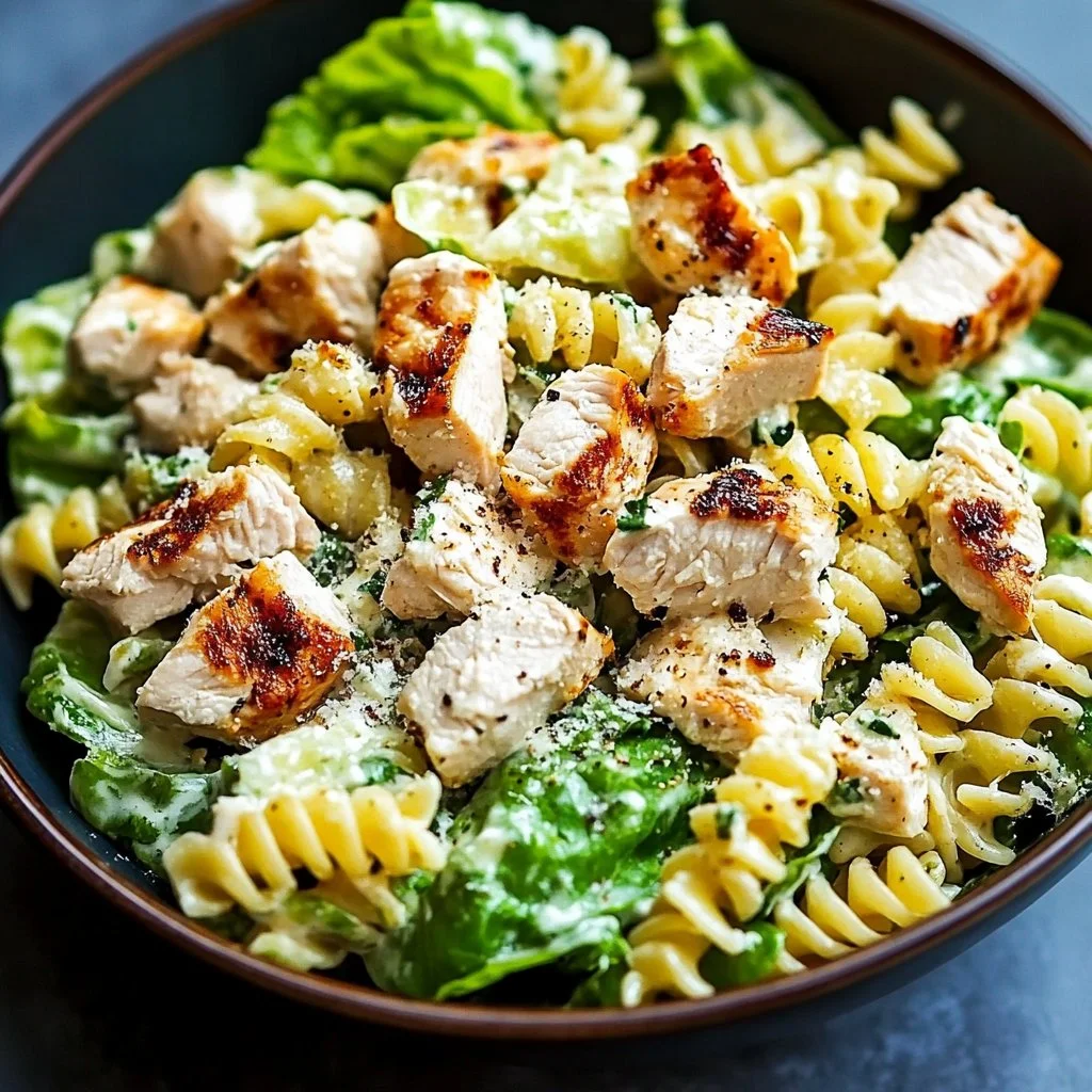 Bowl of Chicken Caesar Pasta Salad with lettuce, chicken, and Caesar dressing