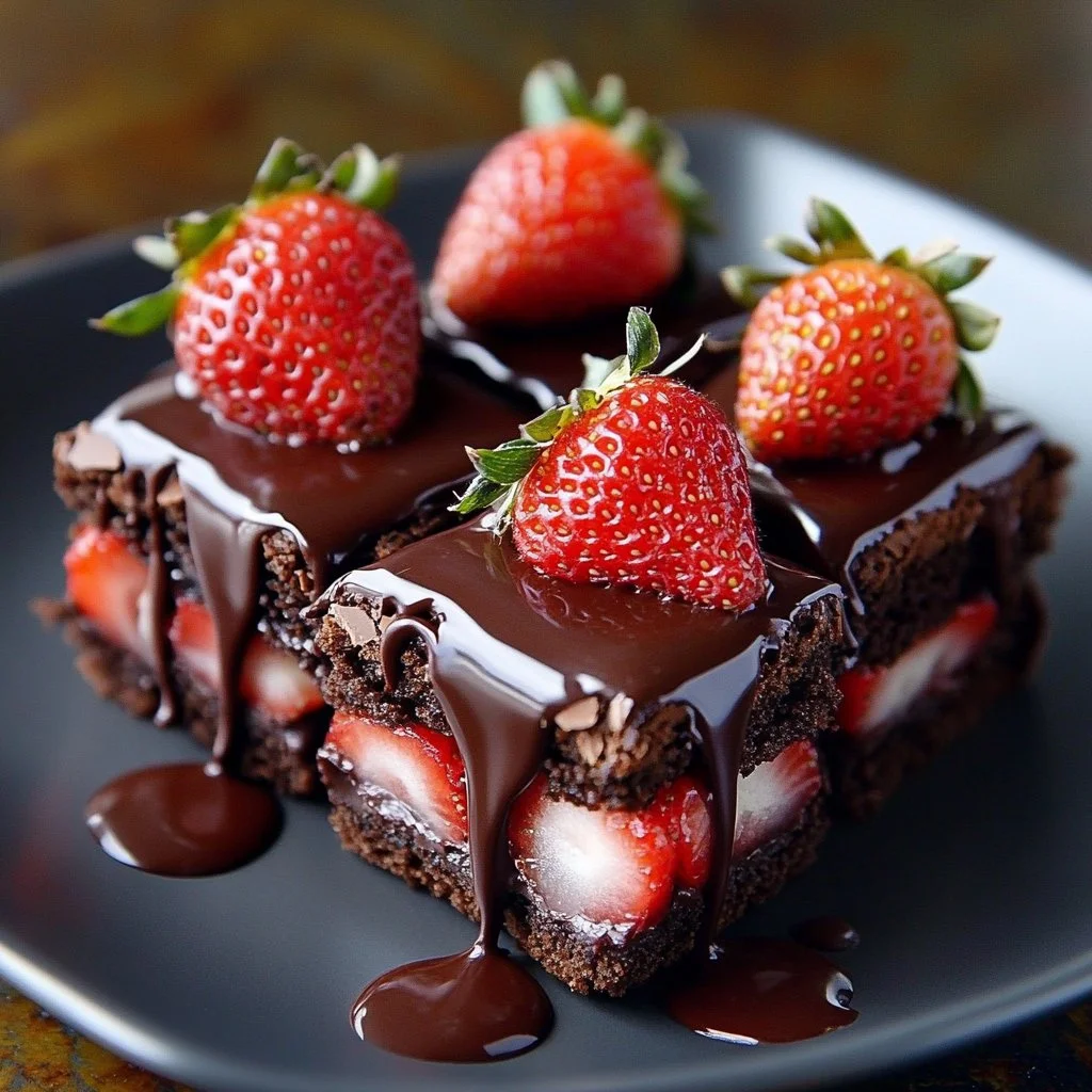 Decadent chocolate covered strawberry brownies ready to enjoy.