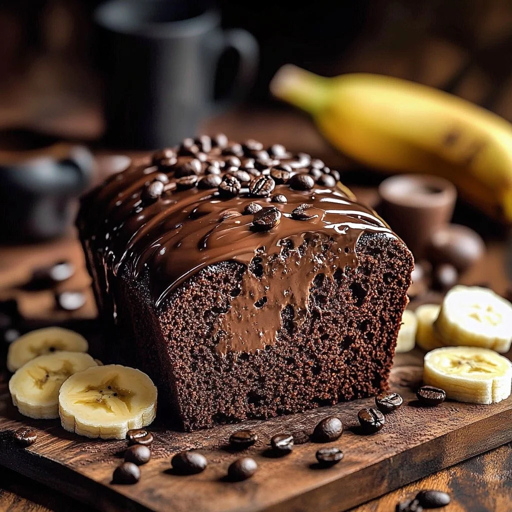 Delicious Chocolate Espresso Banana Bread loaf with chocolate chunks and bananas