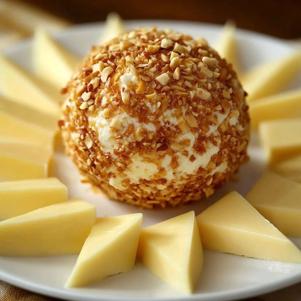 Classic cheese ball served with crackers and vegetables