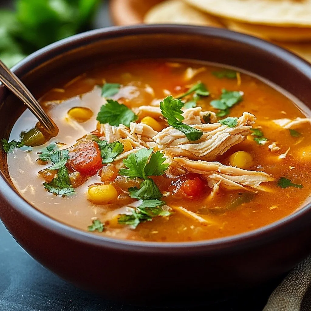 Bowl of classic Chicken Tortilla Soup garnished with tortilla strips and cilantro