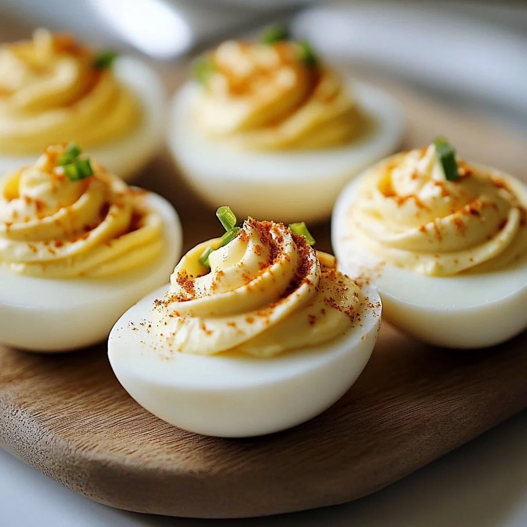 Classic deviled eggs garnished with paprika and herbs.
