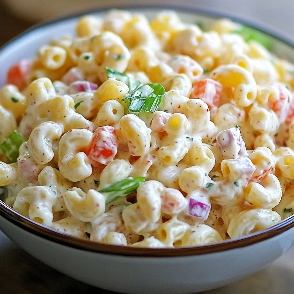 Bowl of Classic Macaroni Salad with fresh vegetables and creamy dressing