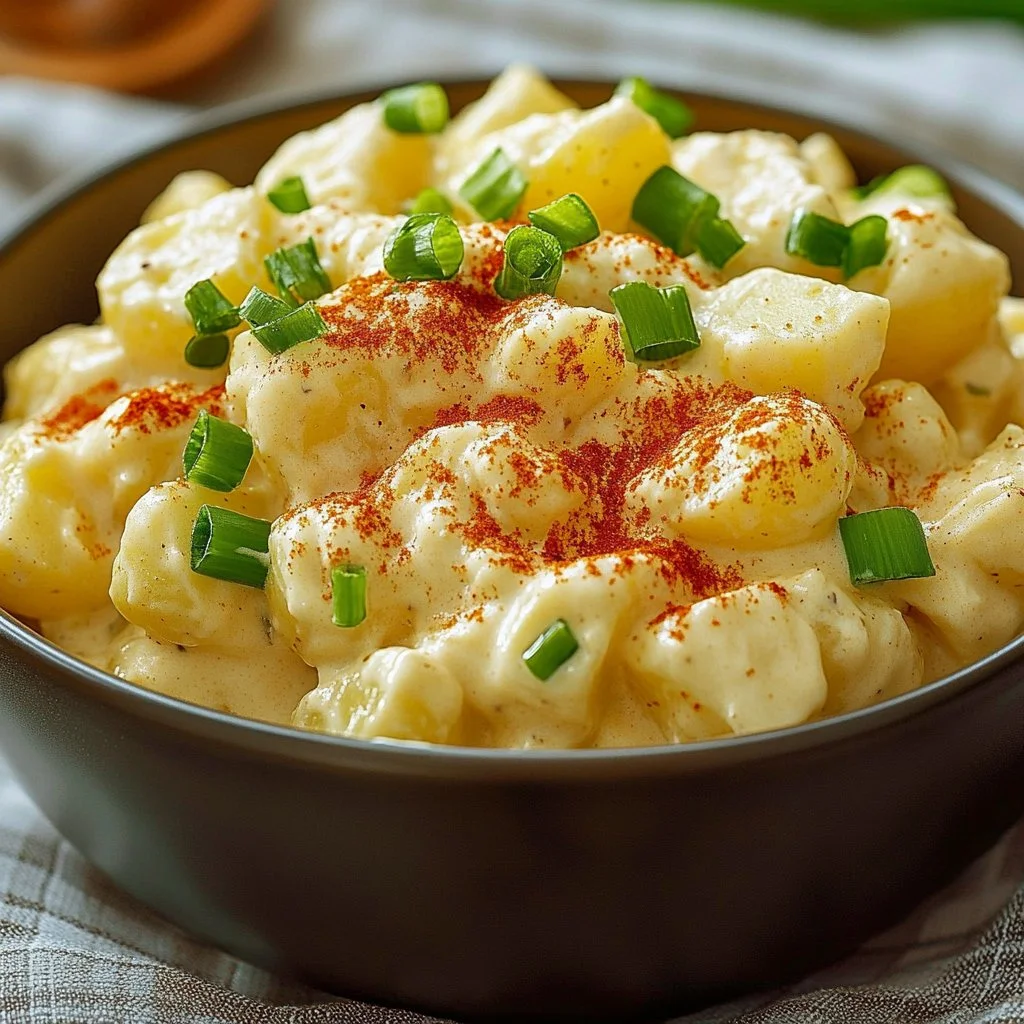 Bowl of classic potato salad with parsley and eggs, ideal for summer picnics