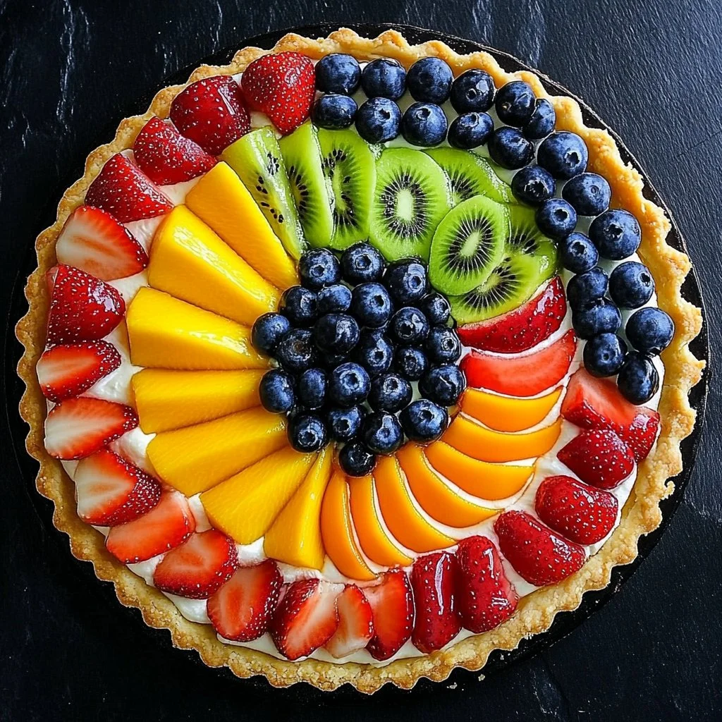 Colorful fruit pizza topped with fresh fruits and cream on a crispy crust