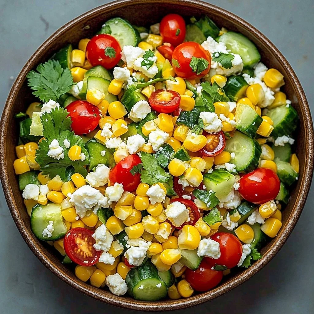 Delicious corn salad with fresh vegetables and herbs