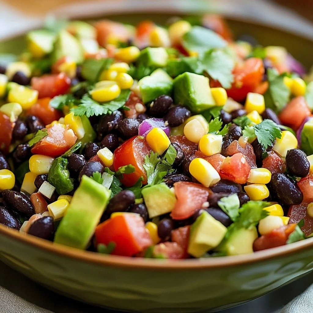 Bowl of colorful Cowboy Caviar salad with black-eyed peas and vegetables