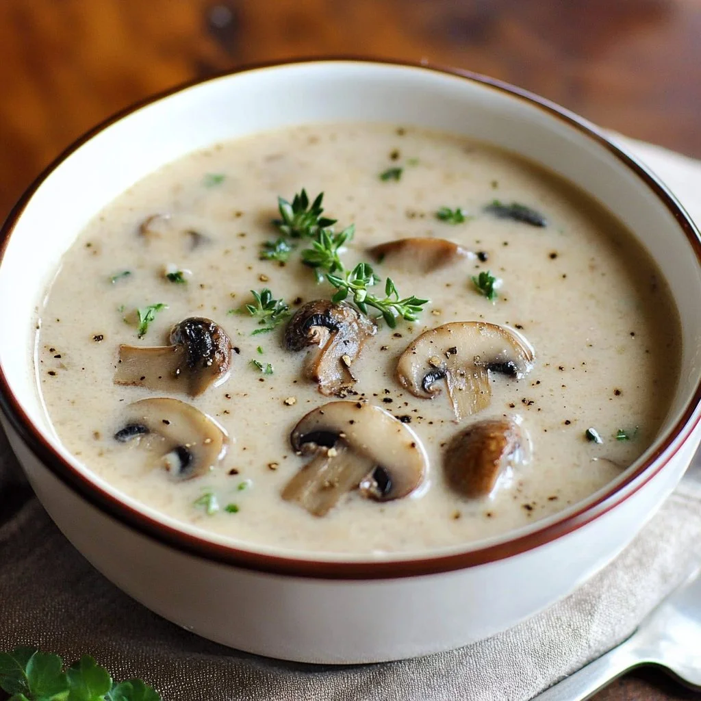 Bowl of creamy mushroom soup garnished with fresh herbs