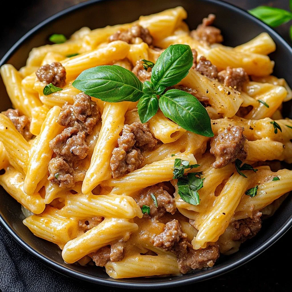 Creamy beef pasta dish featuring a rich sauce and tender noodles