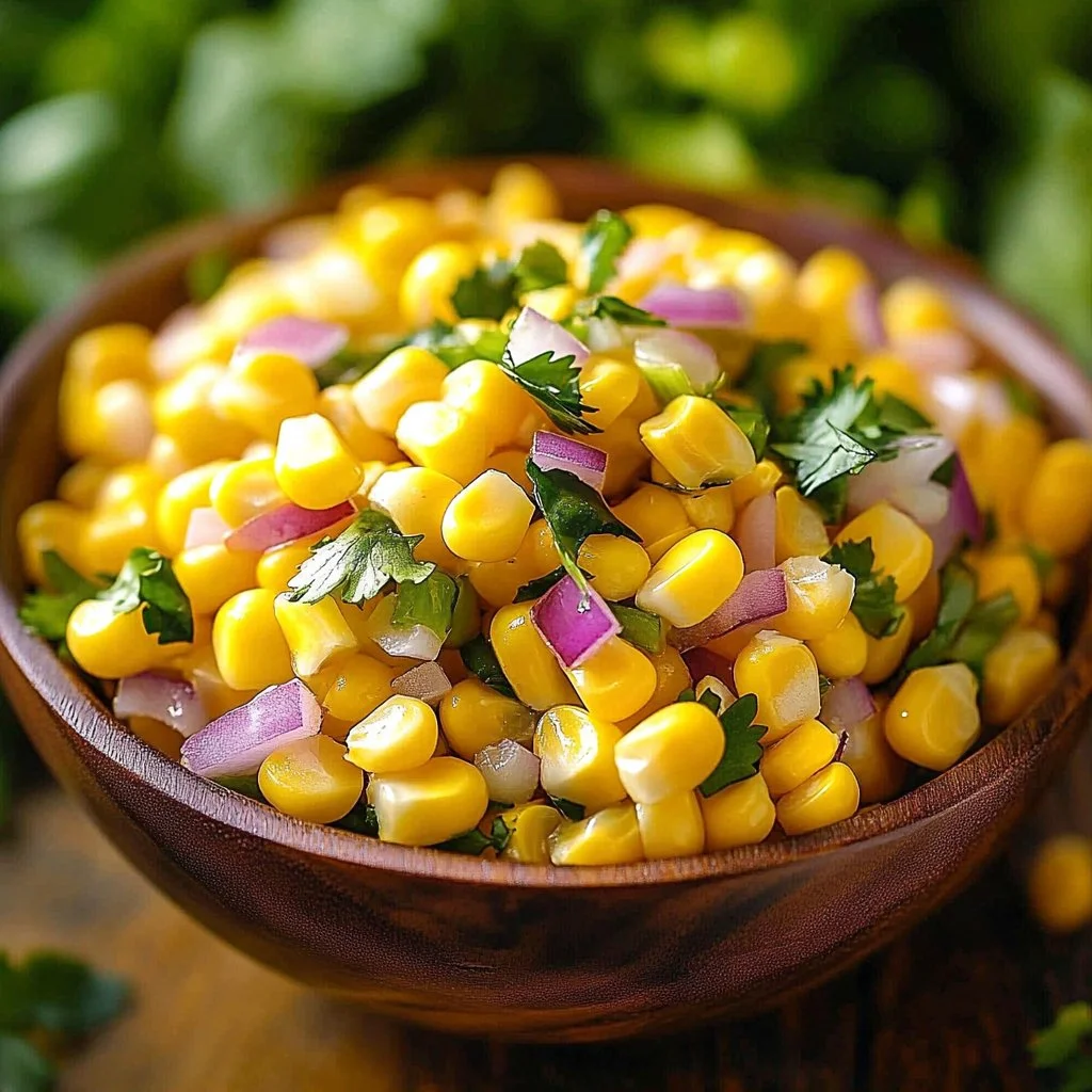 Bowl of creamy corn salad with fresh ingredients and herbs