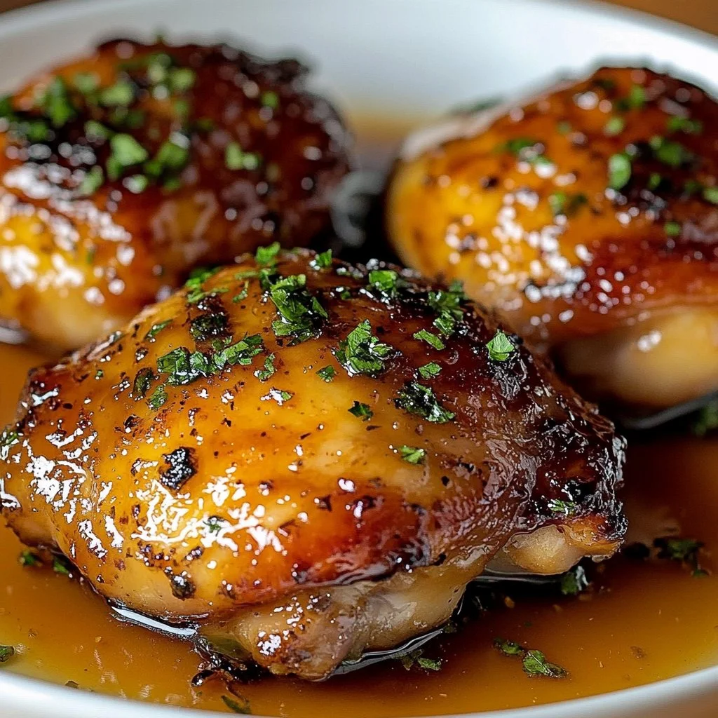 Plate of creamy garlic chicken garnished with herbs