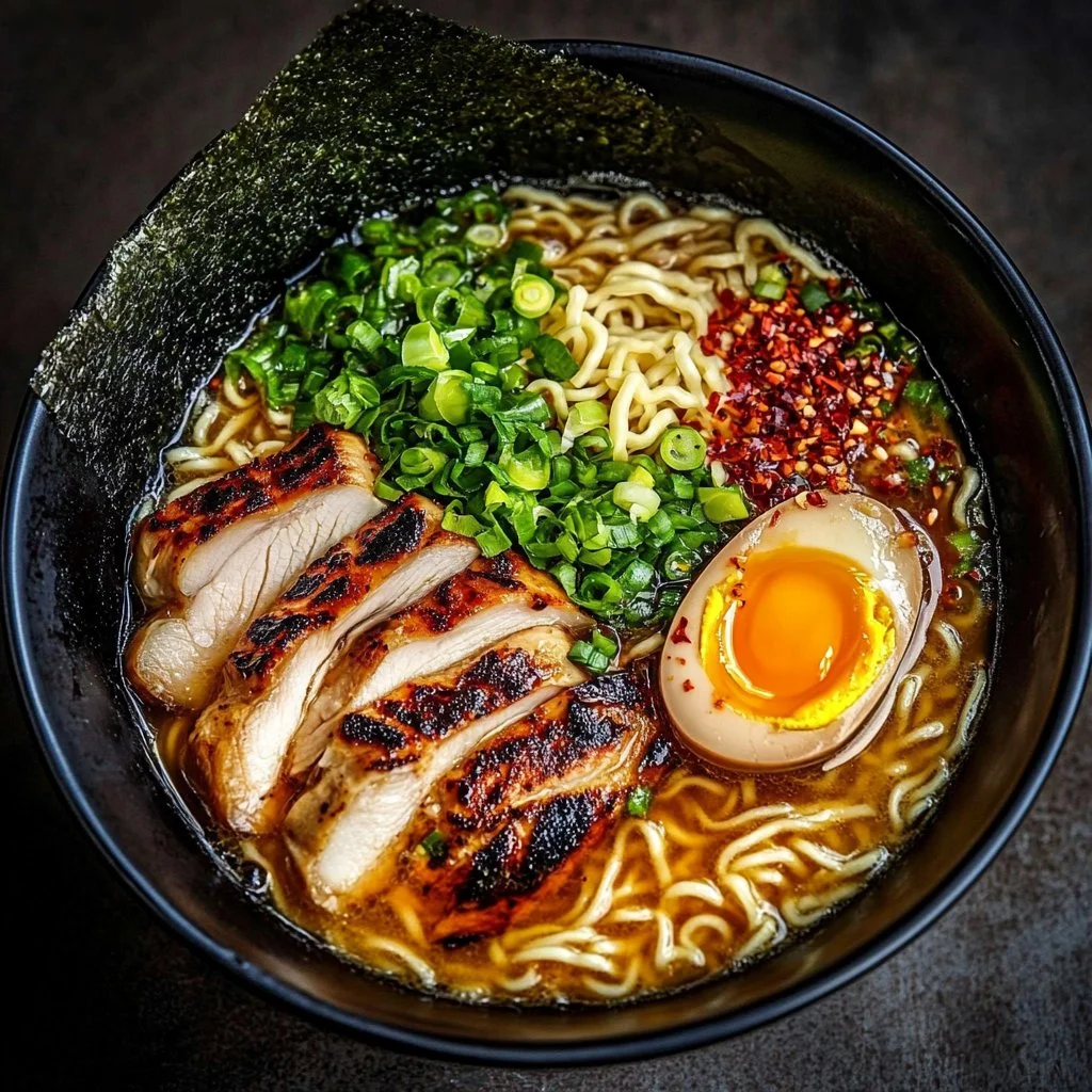 Bowl of creamy garlic chicken ramen garnished with green onions and sesame seeds