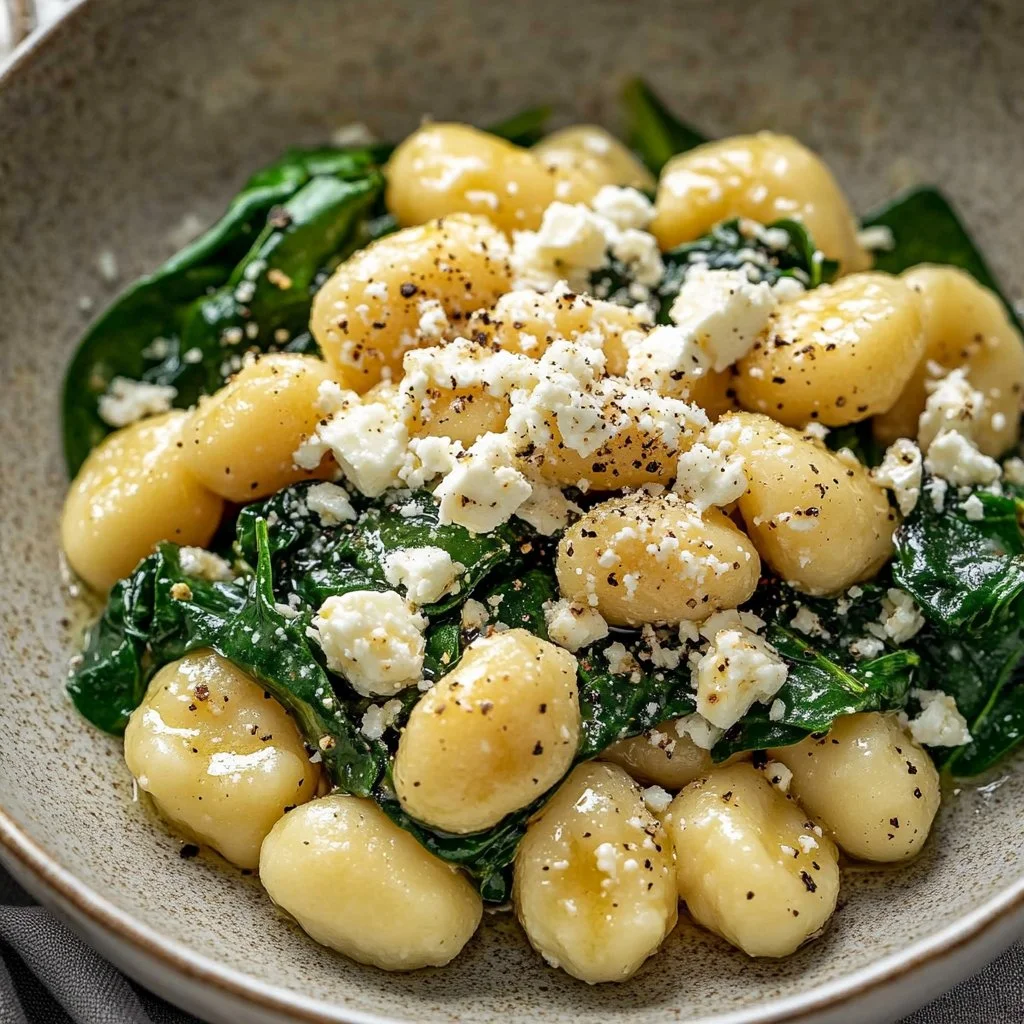 Creamy gnocchi with spinach and feta served in a bowl