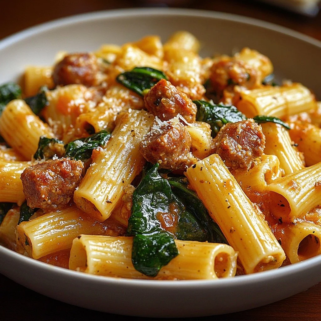 Creamy ground turkey spinach pasta in a bowl with herbs and cheese