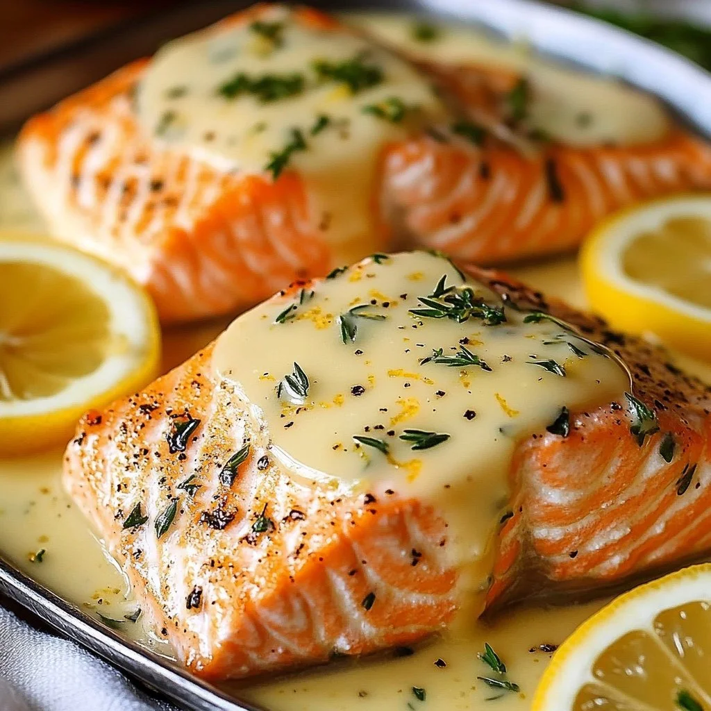 Delicious creamy lemon butter salmon plate garnished with herbs