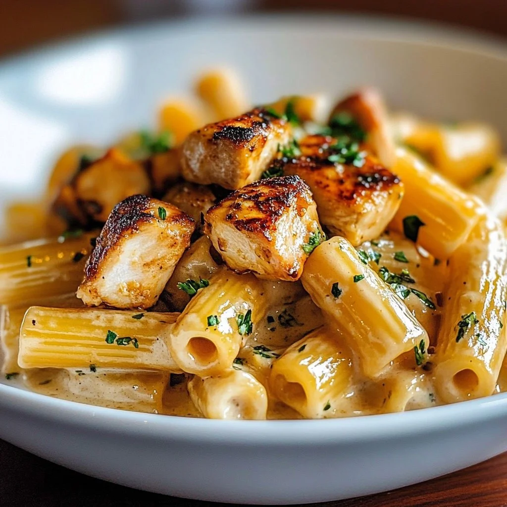 Creamy pesto chicken pasta on a plate garnished with basil.