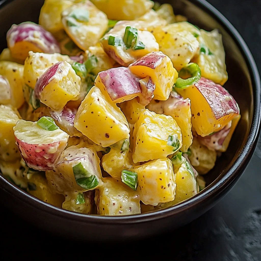 Creamy potato salad with herbs and seasonings in a serving bowl