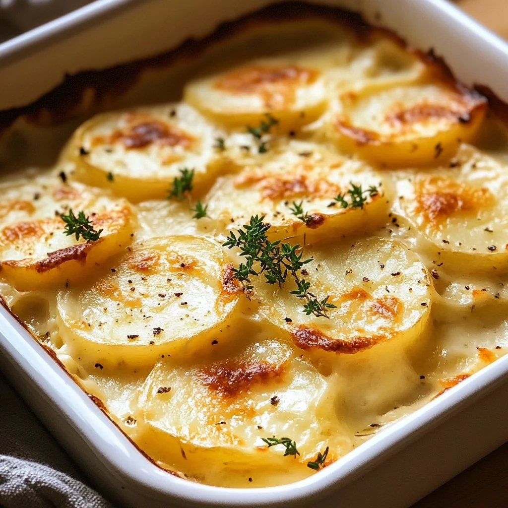 Delicious creamy scalloped potatoes baked to perfection with cheese and herbs.