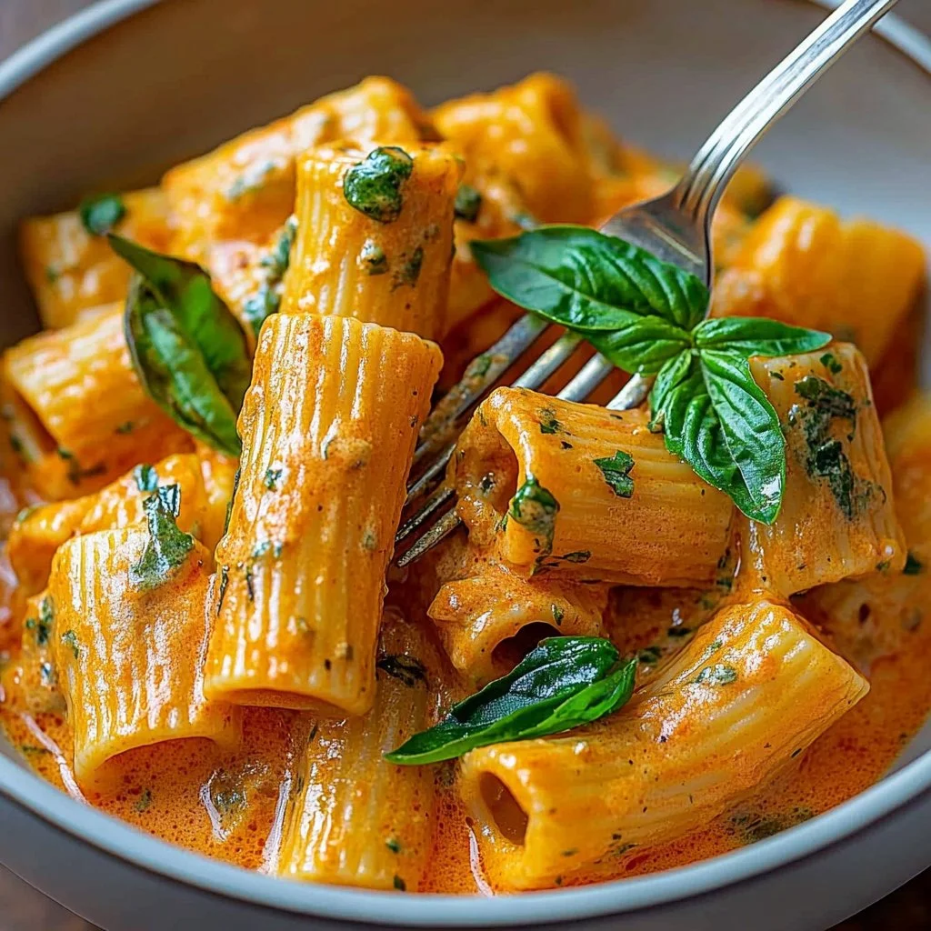 Creamy tomato garlic pasta dish garnished with fresh herbs