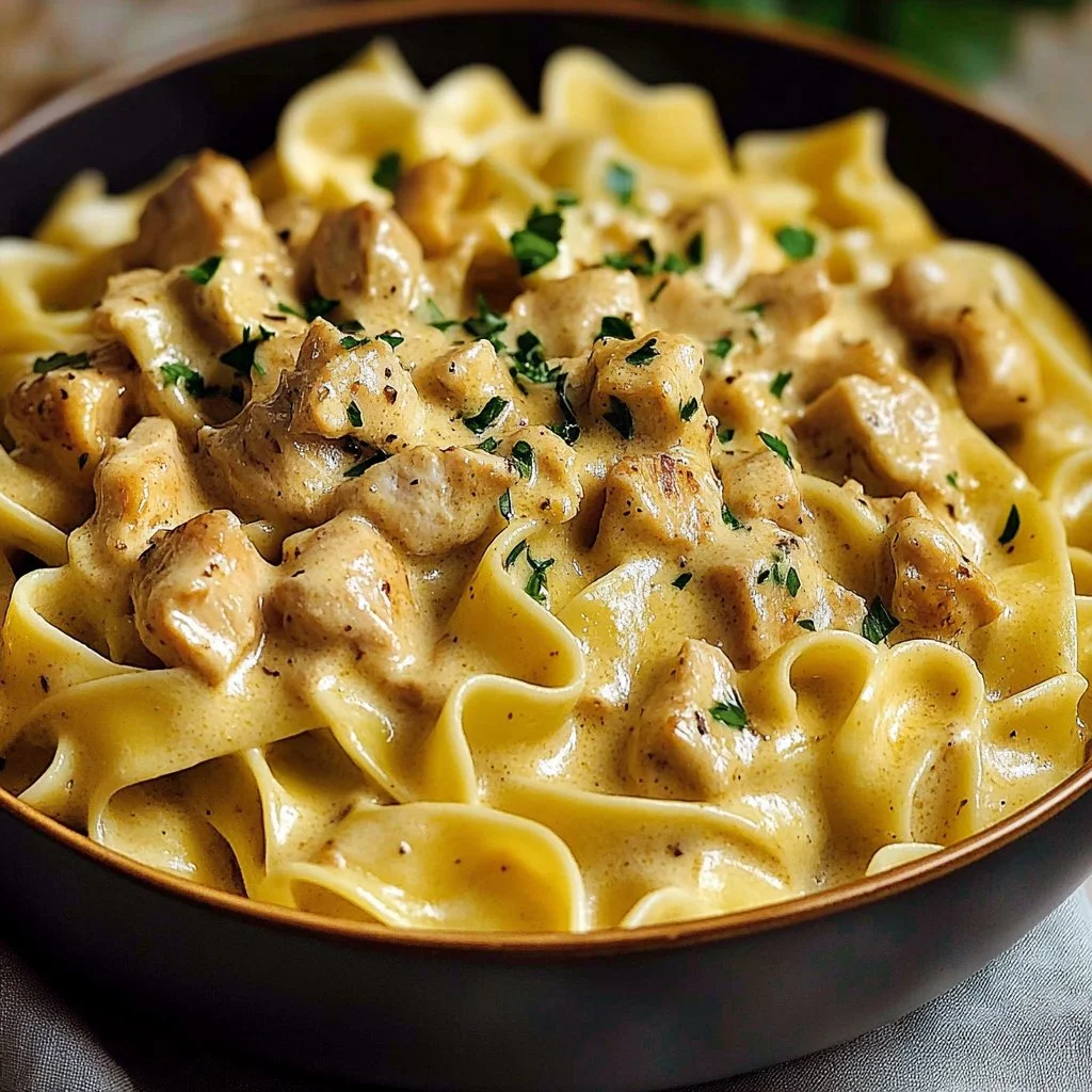Creamy turkey stroganoff in a skillet garnished with parsley and served with noodles.