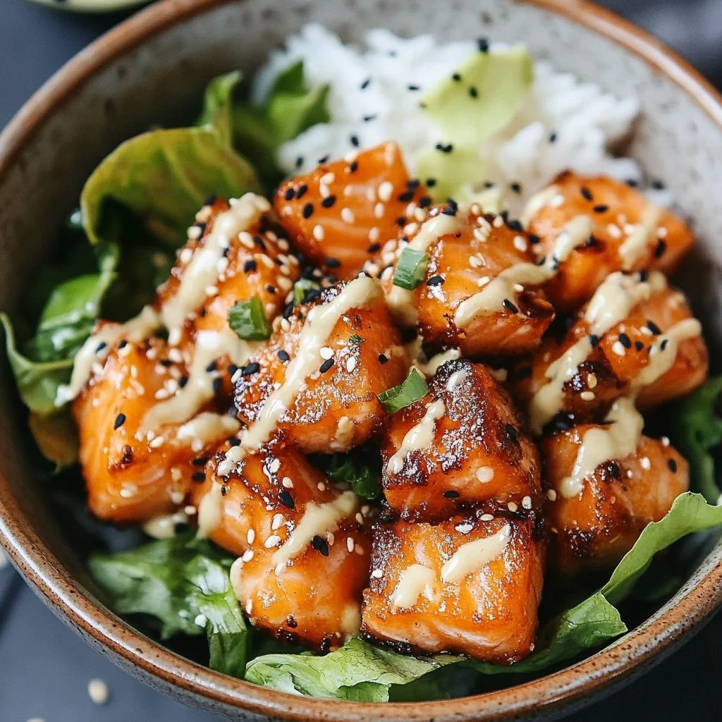 Crispy Bang Bang Salmon Bites served in bowls with fresh ingredients