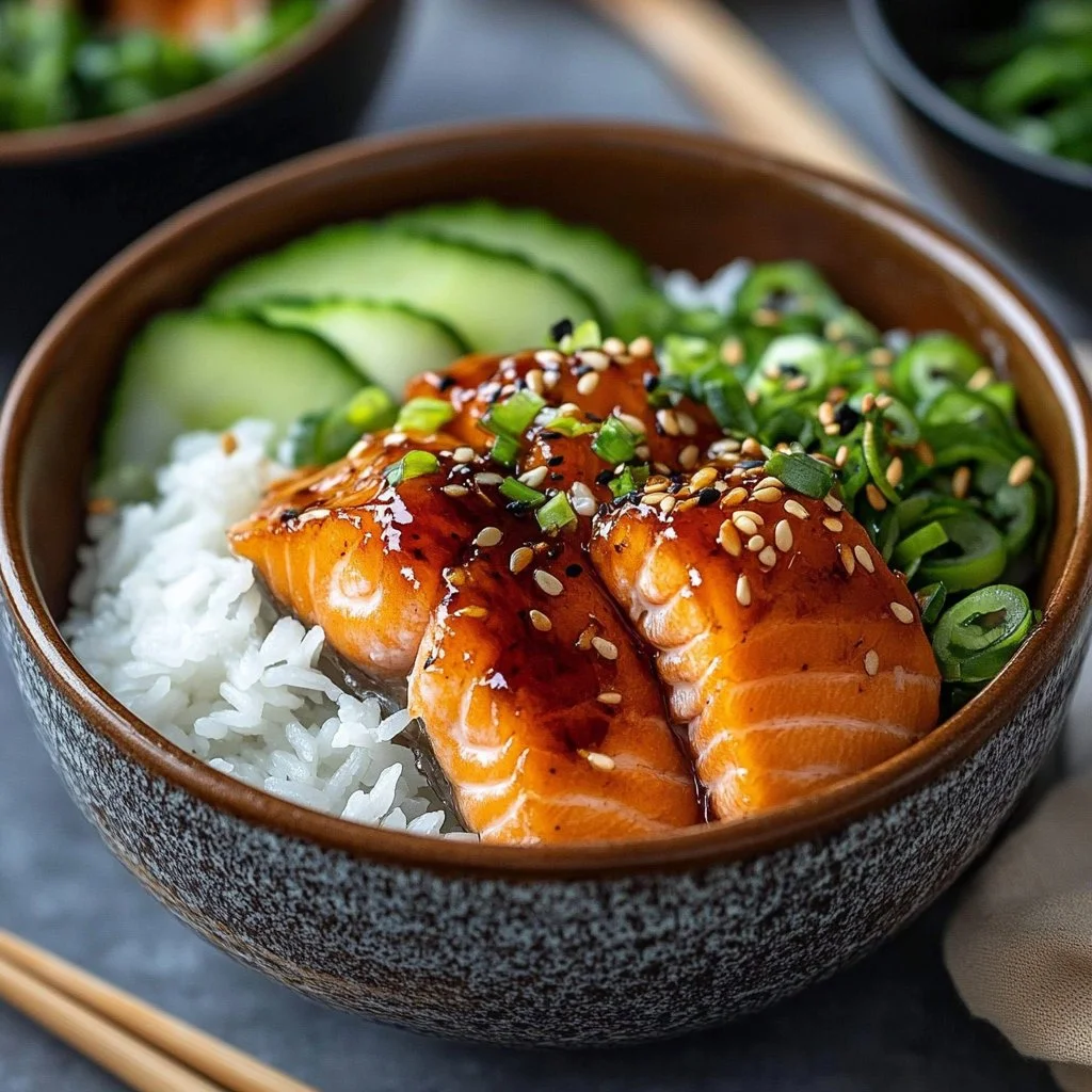 Crispy salmon served in a rice bowl with fresh vegetables and sauce.