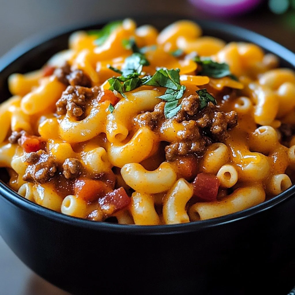 Delicious Crock Pot Cheddar Chili Mac with cheese and chili in a bowl