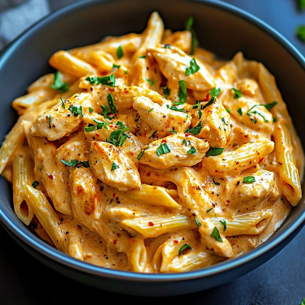 Crock Pot Creamy Cajun Chicken Pasta served in a bowl with fresh herbs