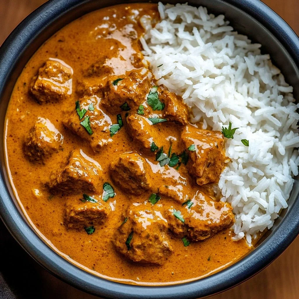 Delicious crockpot butter chicken served with rice and garnished with cilantro.