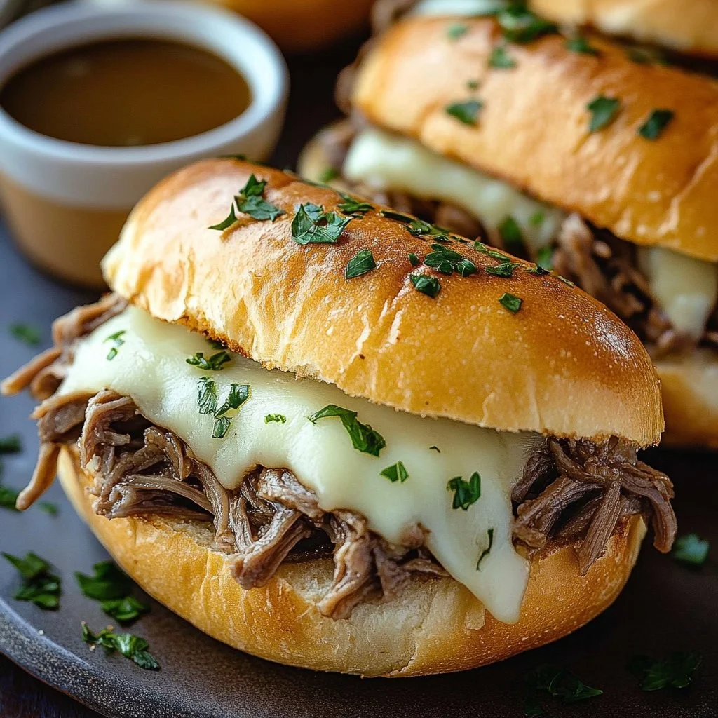 Crockpot French dip sandwiches served with au jus dip for a delicious meal.