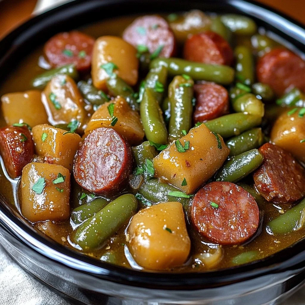 Crockpot Sausage with Green Beans in a slow cooker dish