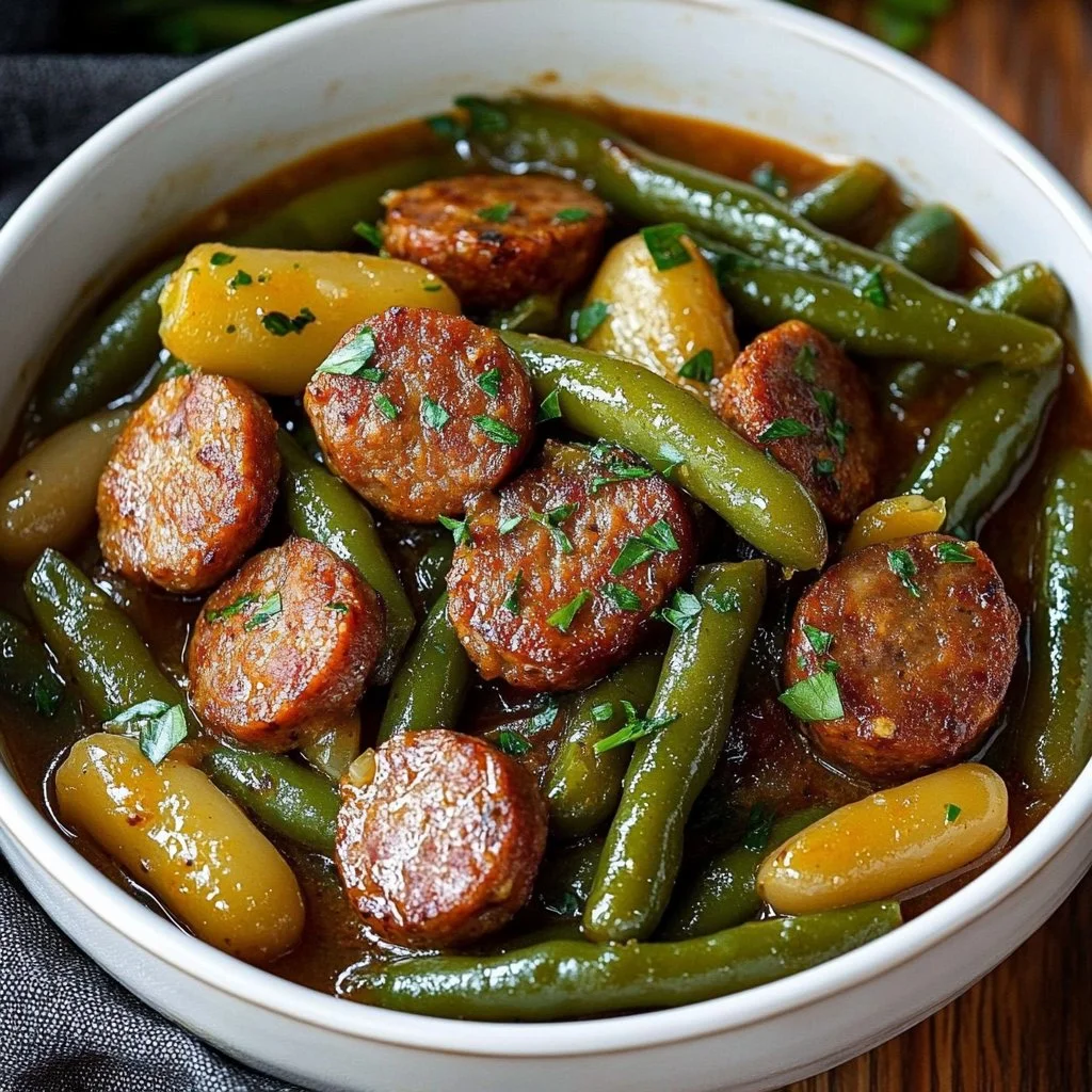 Crockpot sausage and green beans dish served in a bowl
