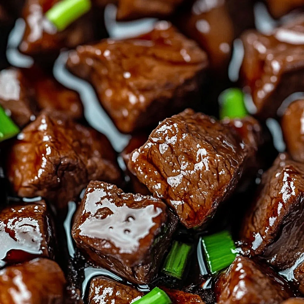 Crockpot steak bites served in a bowl with herbs and spices