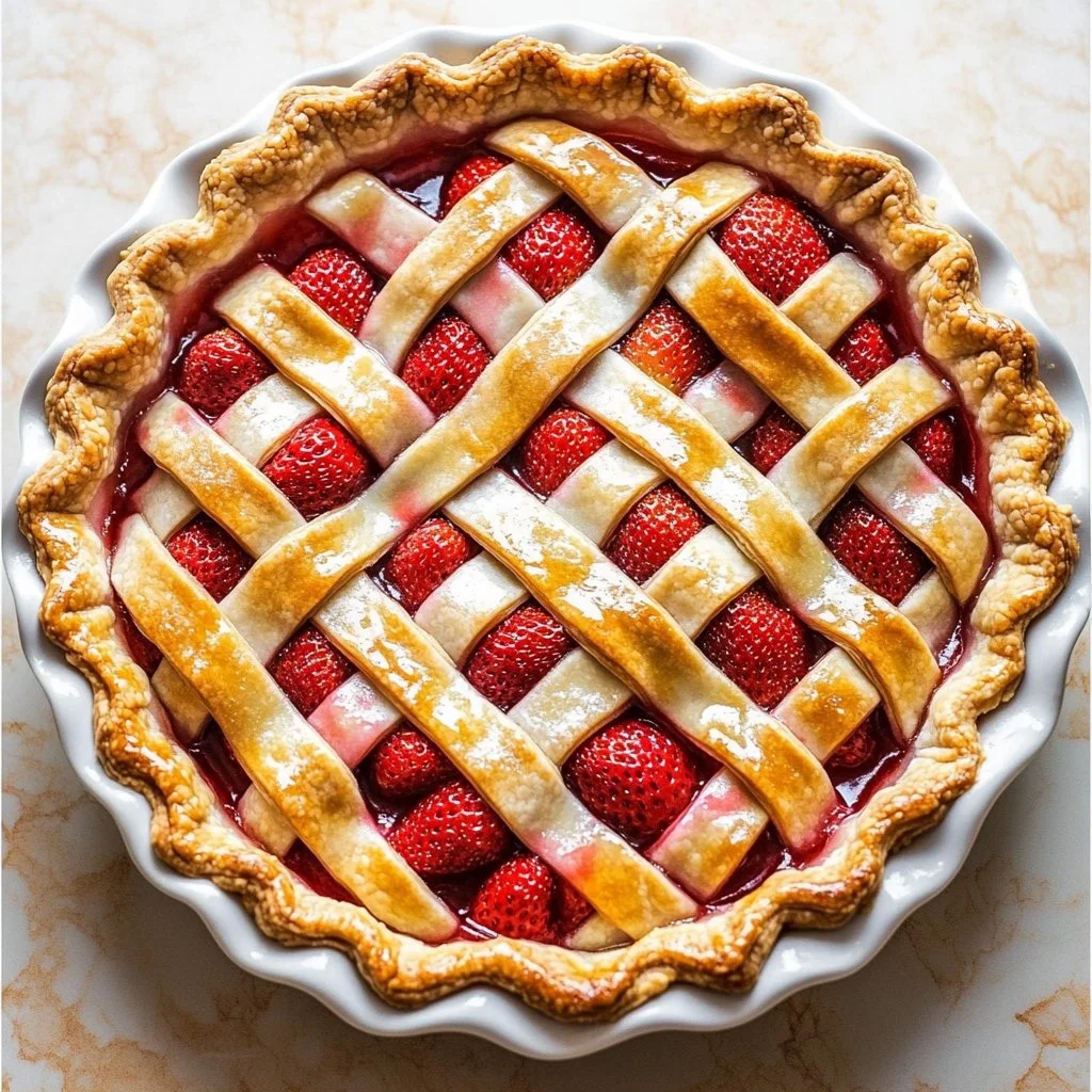 Freshly baked double crusted strawberry pie with vibrant red strawberries