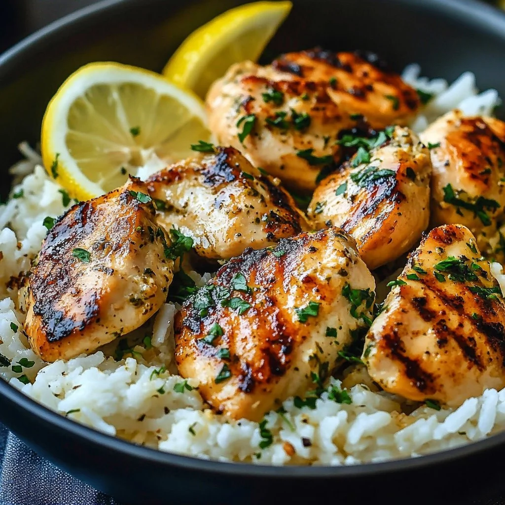 A delicious serving of Dump and Bake Chicken Tzatziki Rice topped with fresh herbs.
