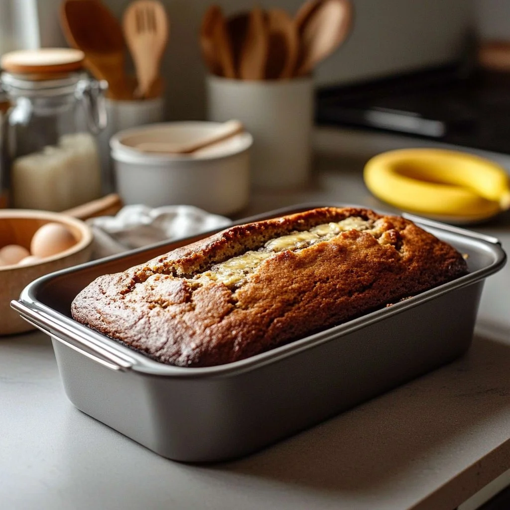 Loaf of easy homemade banana bread with sliced bananas on top