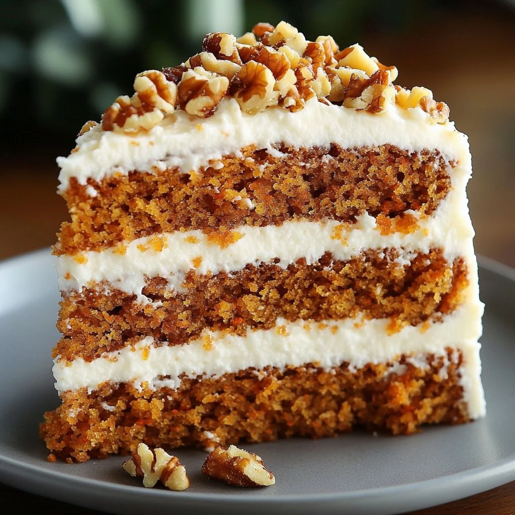 Delicious slice of easy carrot cake with cream cheese frosting