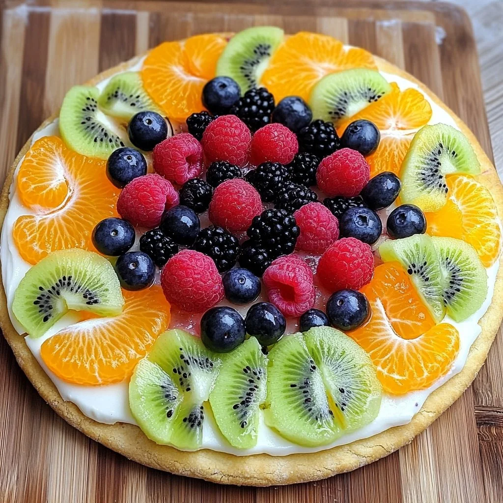 Colorful easy fruit pizza topped with fresh fruits and cream cheese frosting