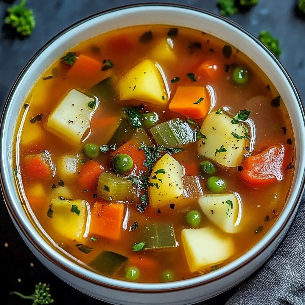 Bowl of easy vegetable soup with fresh ingredients and vibrant colors