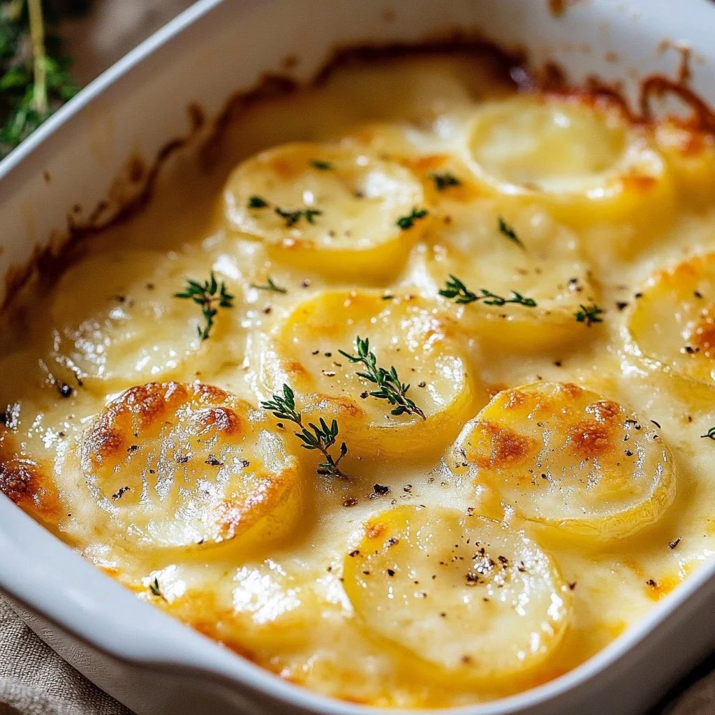 Delicious serving of fast scalloped potatoes with creamy cheese sauce