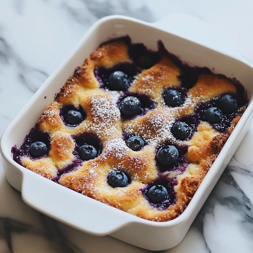 Fluffy blueberry french toast casserole served with syrup and berries