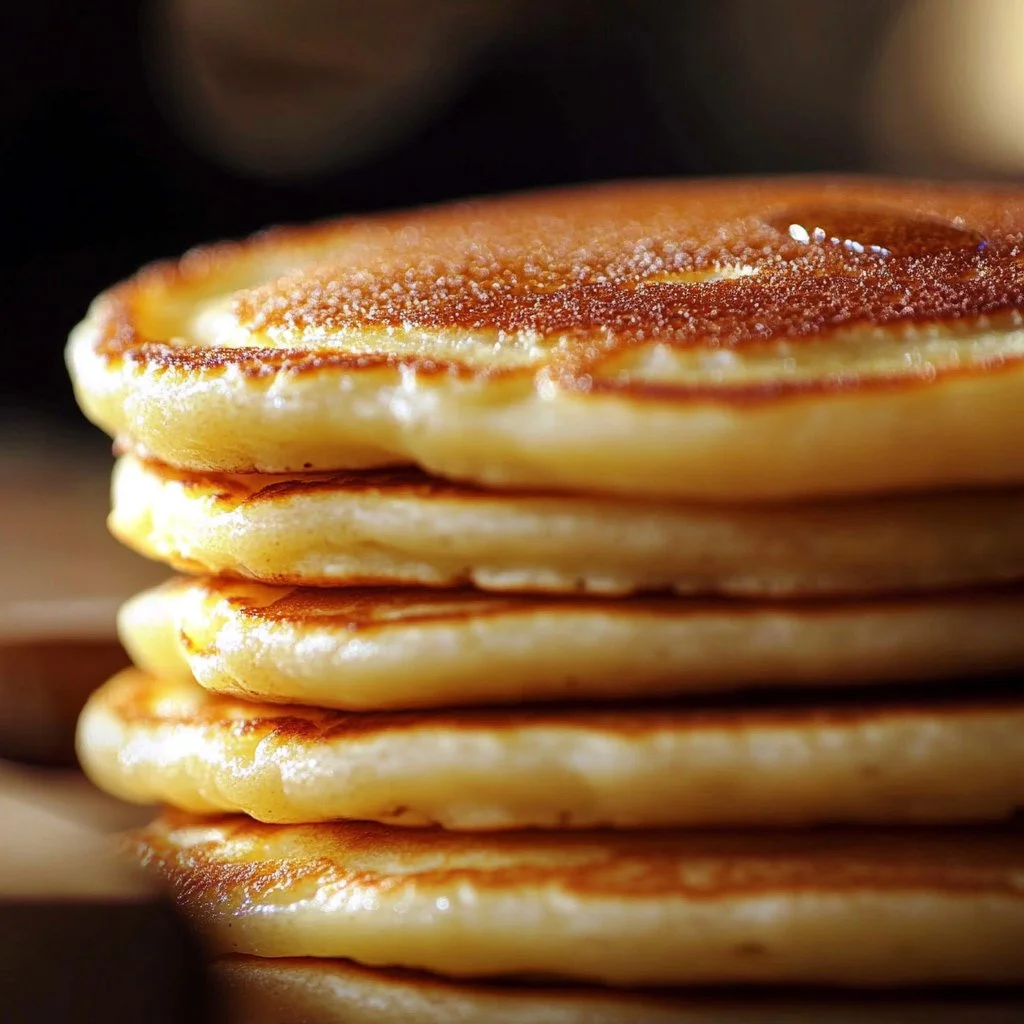 Stack of fluffy pancakes with syrup and berries on a plate