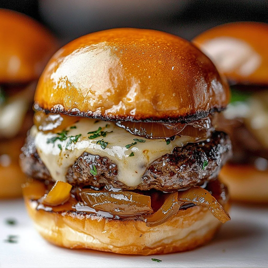 Delicious French Onion Beef Sloppy Joes served on a plate with toppings.