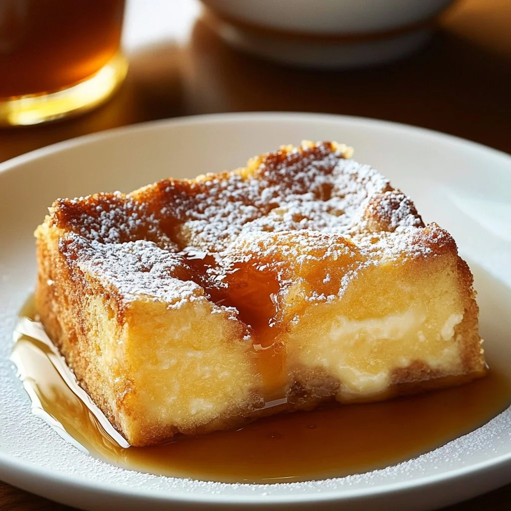 Delicious French Toast Casserole baked and served with syrup and berries.