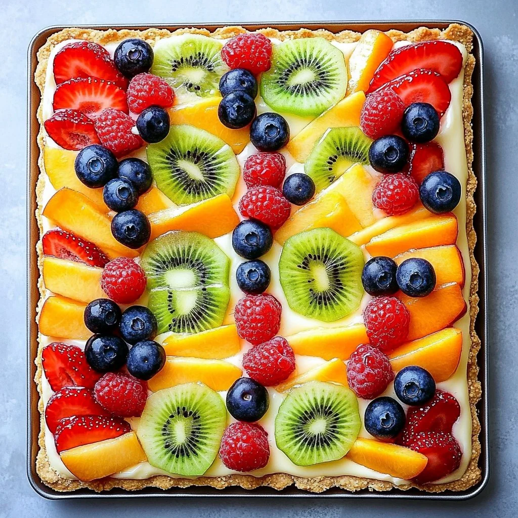 Colorful fruit pizza topped with fresh fruits on a sweet crust.