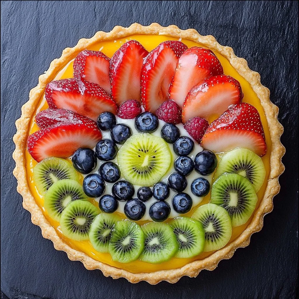 Colorful fruit pizza topped with assorted fresh fruits on a sweet crust.