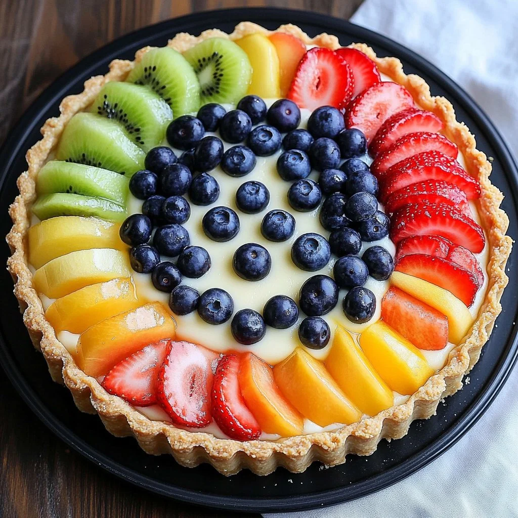 A vibrant fruit pizza topped with an assortment of fresh fruits on a cookie base.