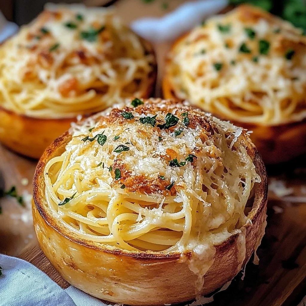 Delicious Garlic Bread Spaghetti Bowls ready to be served.