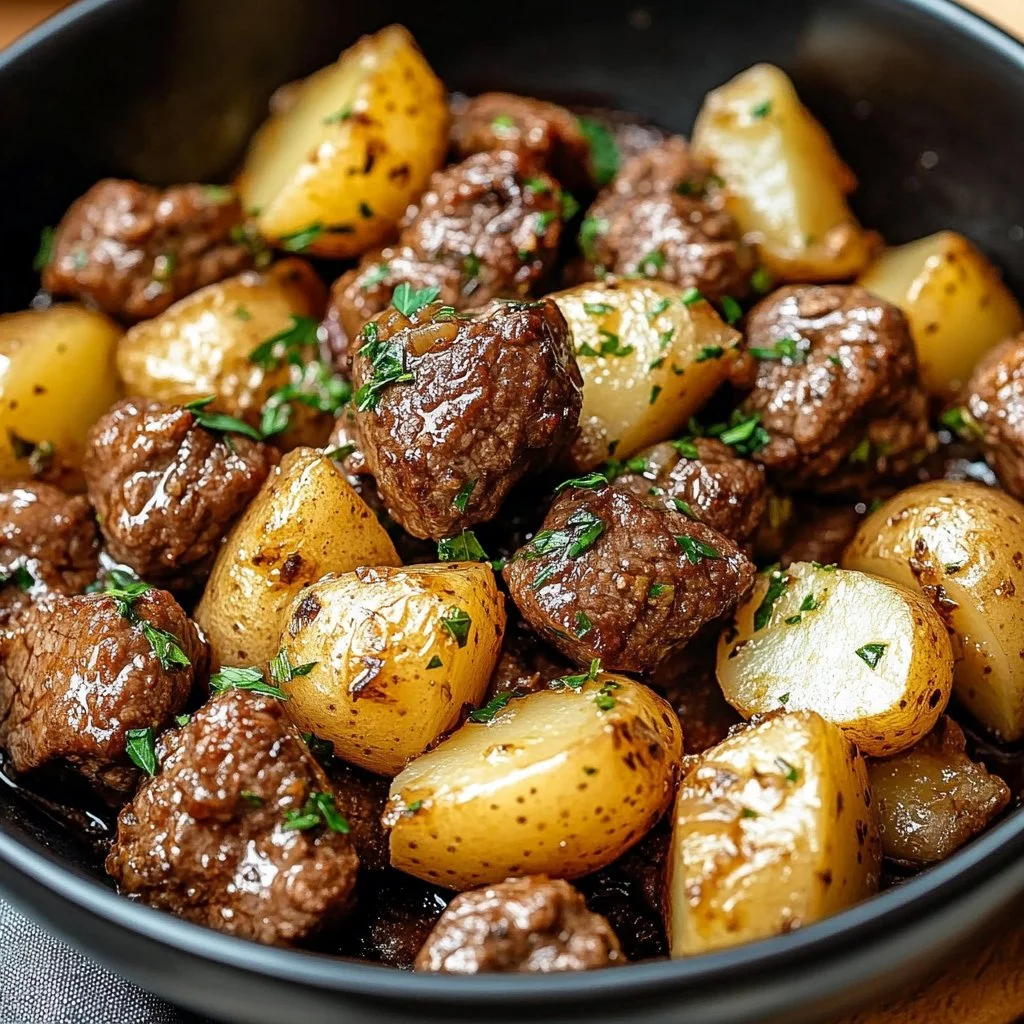 Delicious Garlic Butter Beef Bites served with golden potatoes